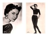 two black and white photos of a woman in tight pants and a crop top