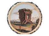 an image of a painting of a man standing in front of a castle