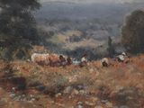 a painting of a herd of cattle grazing in a field