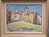 a painting of a boat in front of a building