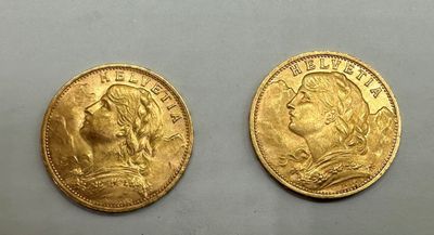 Lot de deux pièces de 20 francs SUISSE, en or, datées 1927 - Photo 1