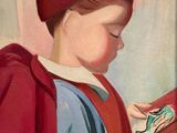 tableau représentant un jeune garçon coiffé d'une casquette rouge et tenant un jouet