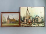 two paintings of a church and a church steeple on a wall