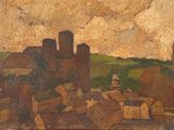 an image of a painting of a castle on a hill with a sky background