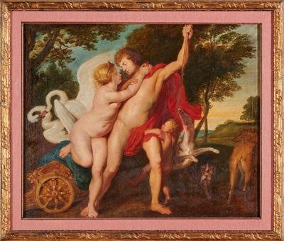 un tableau représentant deux nus dans un décor boisé, avec des cygnes