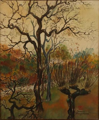 an oil painting of a tree with no leaves in a field