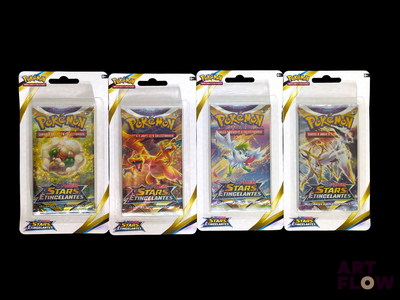 three packs of pokemon trading cards are shown on a black background