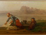 une image représentant un tableau où l'on voit une femme et deux enfants au bord d'une rivière