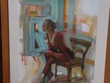 a picture of a painting of a woman sitting on a chair