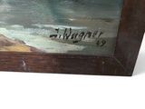 a picture of a painting of a man on the beach