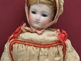 a doll that is wearing a dress and a bonnet