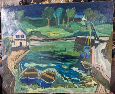 un tableau représentant deux bateaux au bord d'un lac