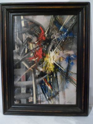 painting of a painting of a red and blue bird in a black frame on a white background