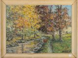 une peinture à l'huile représentant un ruisseau dans une zone boisée, avec des arbres