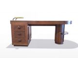 une image représentant un bureau en bois muni de tiroirs et d'une étagère