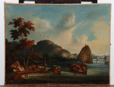 an oil painting of boats on a river with a mountain in the background