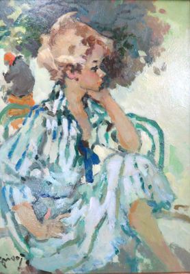 tableau représentant une femme en robe bleue avec un oiseau sur l'épaule