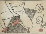 dessin représentant une femme assise sur un lit avec un chat et un chien