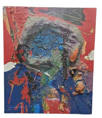 peinture abstraite représentant le visage d'une femme, dans des tons de rouge, de bleu et de vert