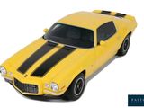 the yellow car has a black stripe on the hood