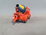 a toy truck with a cement mixer on the back of it