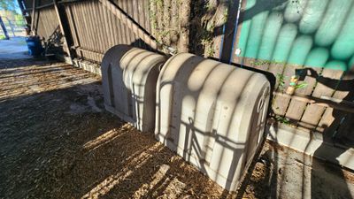 a fence that has a bunch of bags of eggs in it
