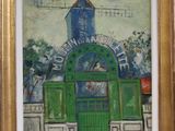 une peinture à l'huile représentant un bâtiment écologique avec une tour horloge en arrière-plan