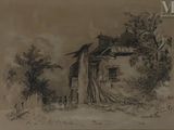 un vieux dessin représentant une maison avec un arbre devant
