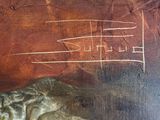 an oil painting of a dog laying down on the ground next to a piece of wood