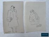 two drawings of a man and a woman sitting on a bench