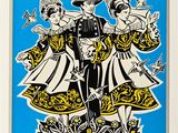 une affiche bleue et blanche représentant un homme et une femme en costume