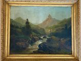 une peinture représentant une scène de montagne avec une rivière au premier plan