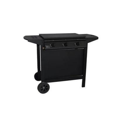 un barbecue noir à roulettes sur fond blanc