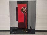 tableau représentant un chat noir assis devant une porte rouge