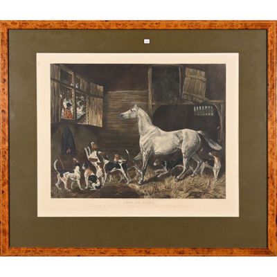 tableau représentant un cheval et des chiens de chasse dans une écurie, en présence d'un homme et d'un chien
