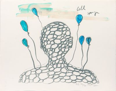 dessin représentant un homme avec des ballons bleus dans la tête