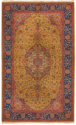 a yellow and blue rug with a medallion design on it
