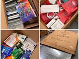 several pictures of a box filled with assorted items sitting on top of a table