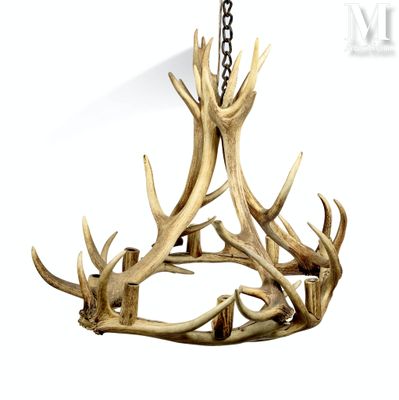 lustre en bois de cerf, composé de véritables bois de cerf suspendus à une chaîne