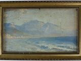 une peinture à l'huile représentant une scène de plage avec un bateau dans l'eau