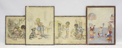 three framed paintings of children playing with toys in a room