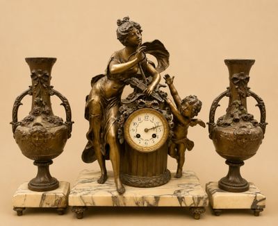 une statue représentant une femme assise sur une table, à côté de trois vases et d'une horloge