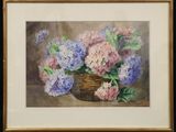 painting of a basket of hydrants with purple and blue flowers