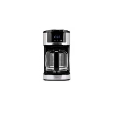 black and silver coffee maker on a white background with a digital clock