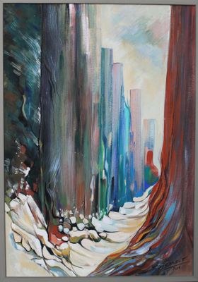 une peinture à l'huile représentant un paysage urbain avec des arbres au premier plan
