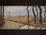 une peinture à l'huile représentant une route de campagne avec une ferme au loin