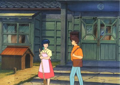 scène d'anime montrant un garçon et une fille debout devant une maison