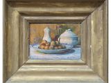 an oil painting of a bowl of fruit and a pitcher on a table