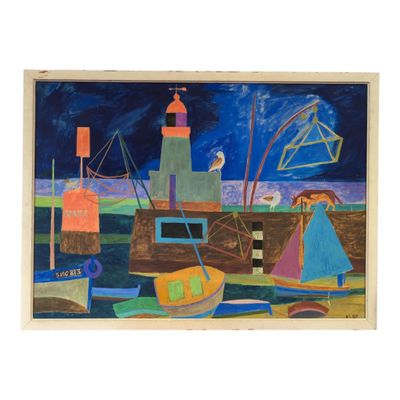an image of a painting of boats and a lighthouse at night