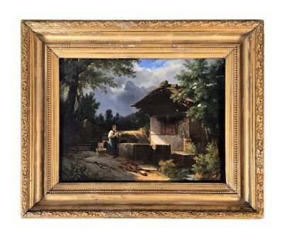 un tableau représentant un homme assis sur un banc devant une maison